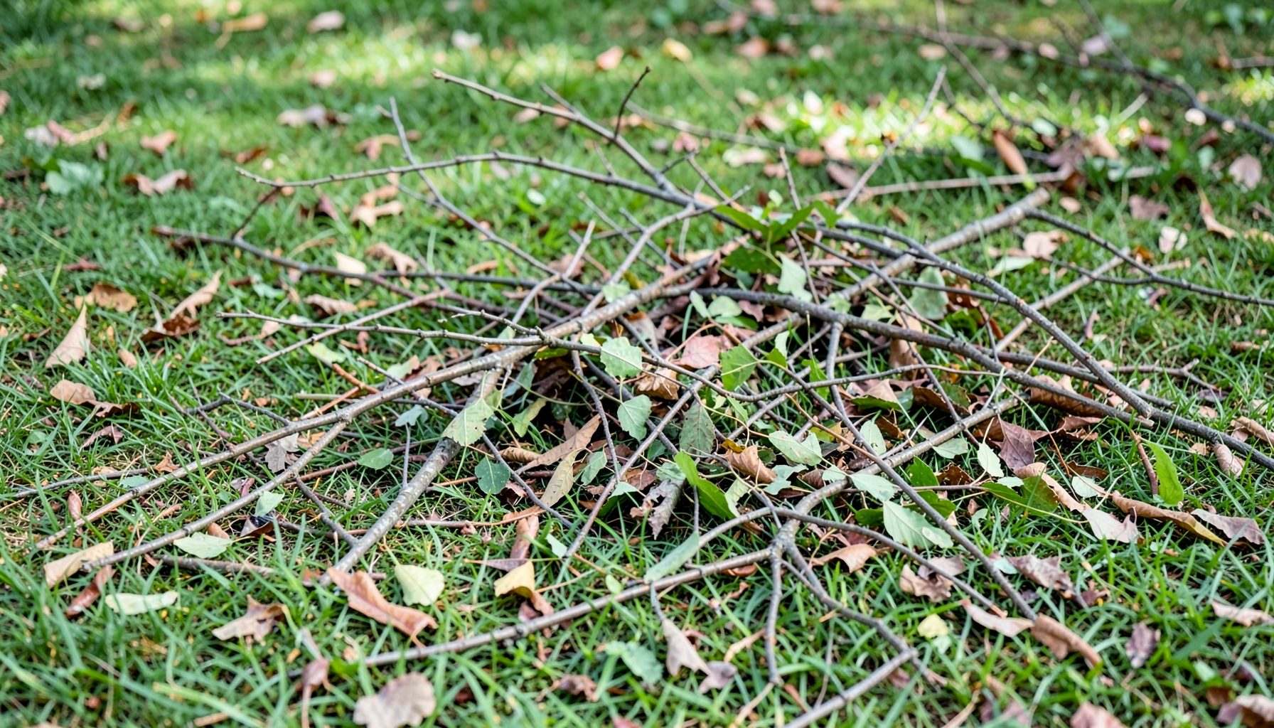 Fallen small branches and trimmed leaves gathered on the grass after tree work, tidy cleanup