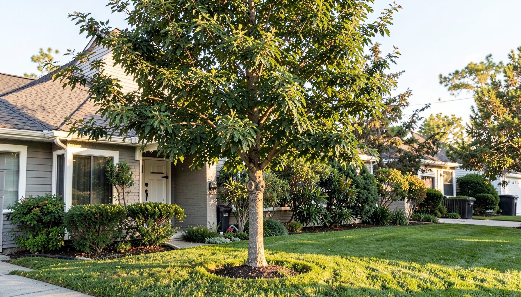 Tall shade tree beside a suburban home with neatly trimmed branches, green lawn, warm daylight and orderly feel