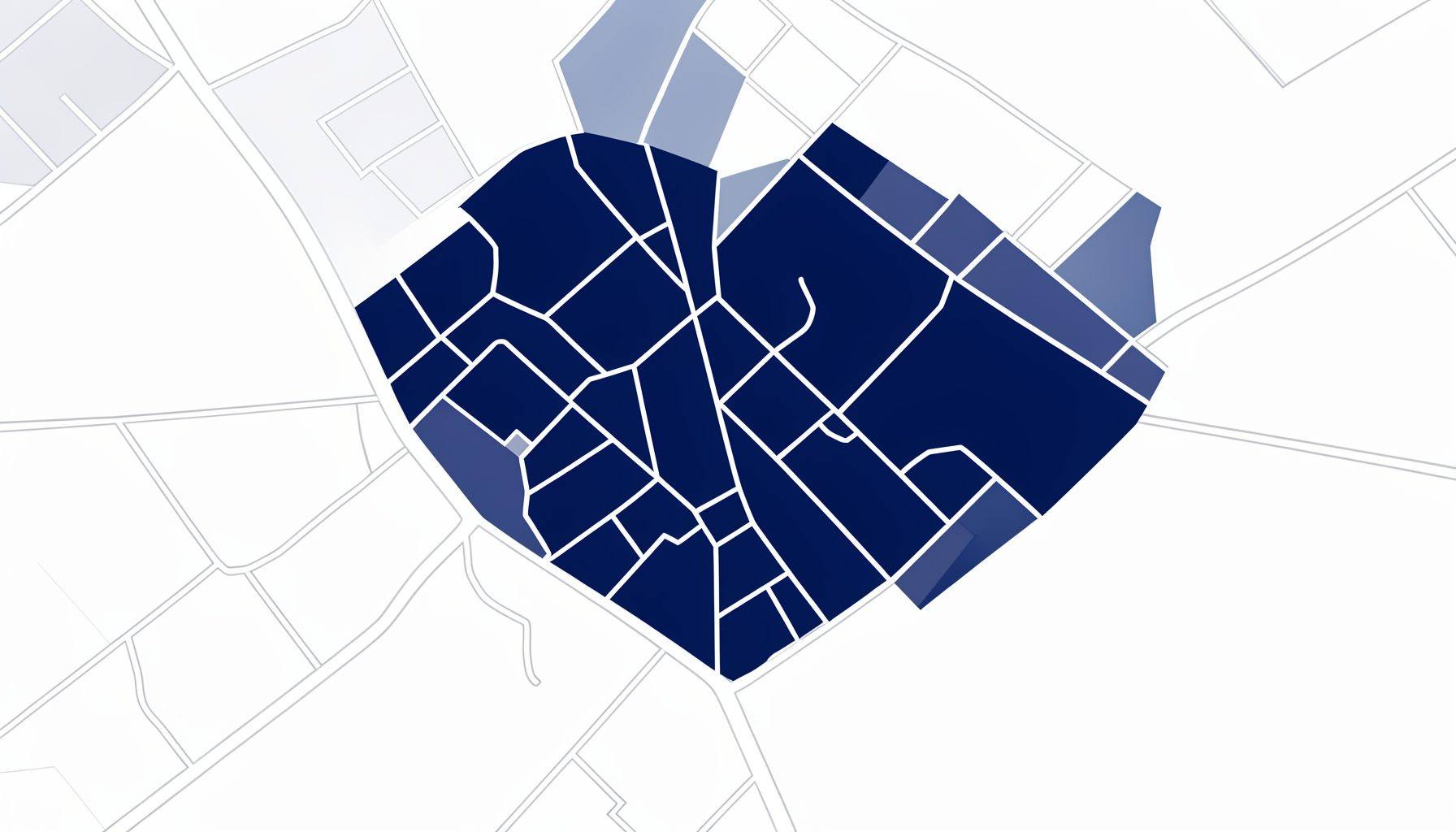 Simple map graphic highlighting a neighborhood area in navy blue and white, clean and minimal