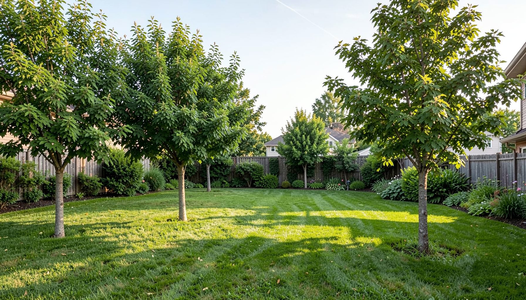 Wide backyard with several trees of varying heights trimmed and healthy, soft afternoon light, calm suburban setting