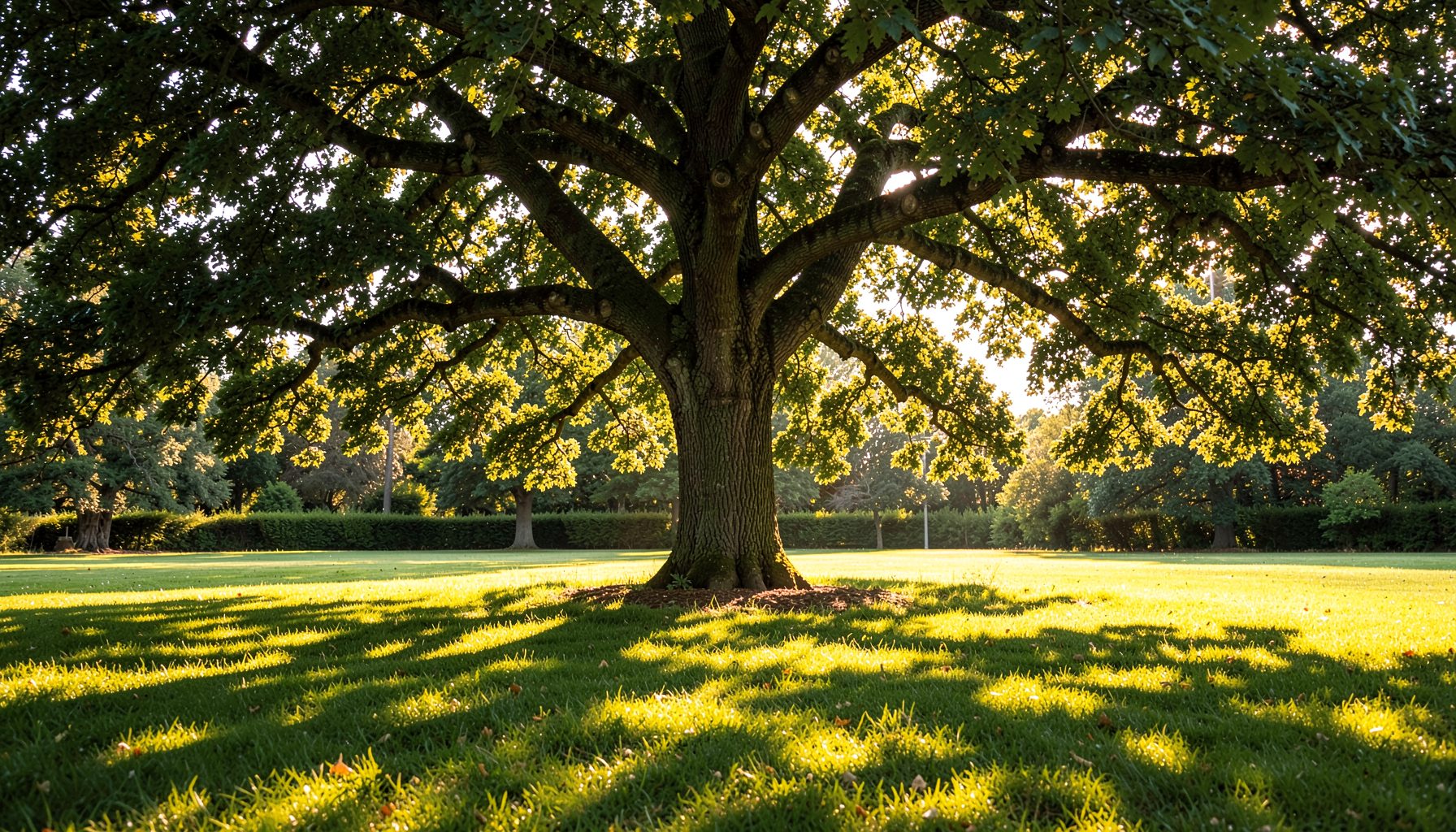 Sunlight filtering through the canopy of a mature oak tree, casting dappled shadows across a well-kept lawn in warm green tones