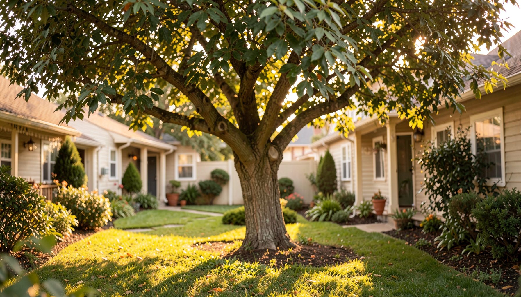 Warm portrait-style outdoor scene of a residential yard with a large shade tree, soft golden light, welcoming and homey