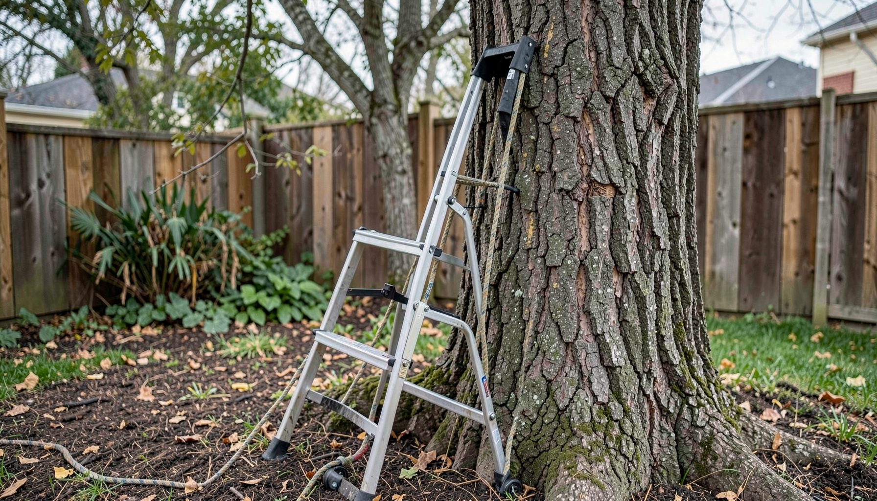 Arborist equipment including a ladder and rope resting against a tree trunk in a backyard